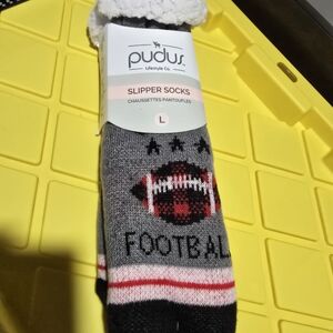 Pudus Womens Football Slipper Socks Gray Black Red White Sz L LARGE 9-13 NEW NWT